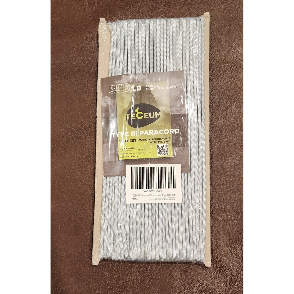 TECEUM 550 Paracord 100ft Type III Nylon Rope Gray Survival Cord NEW